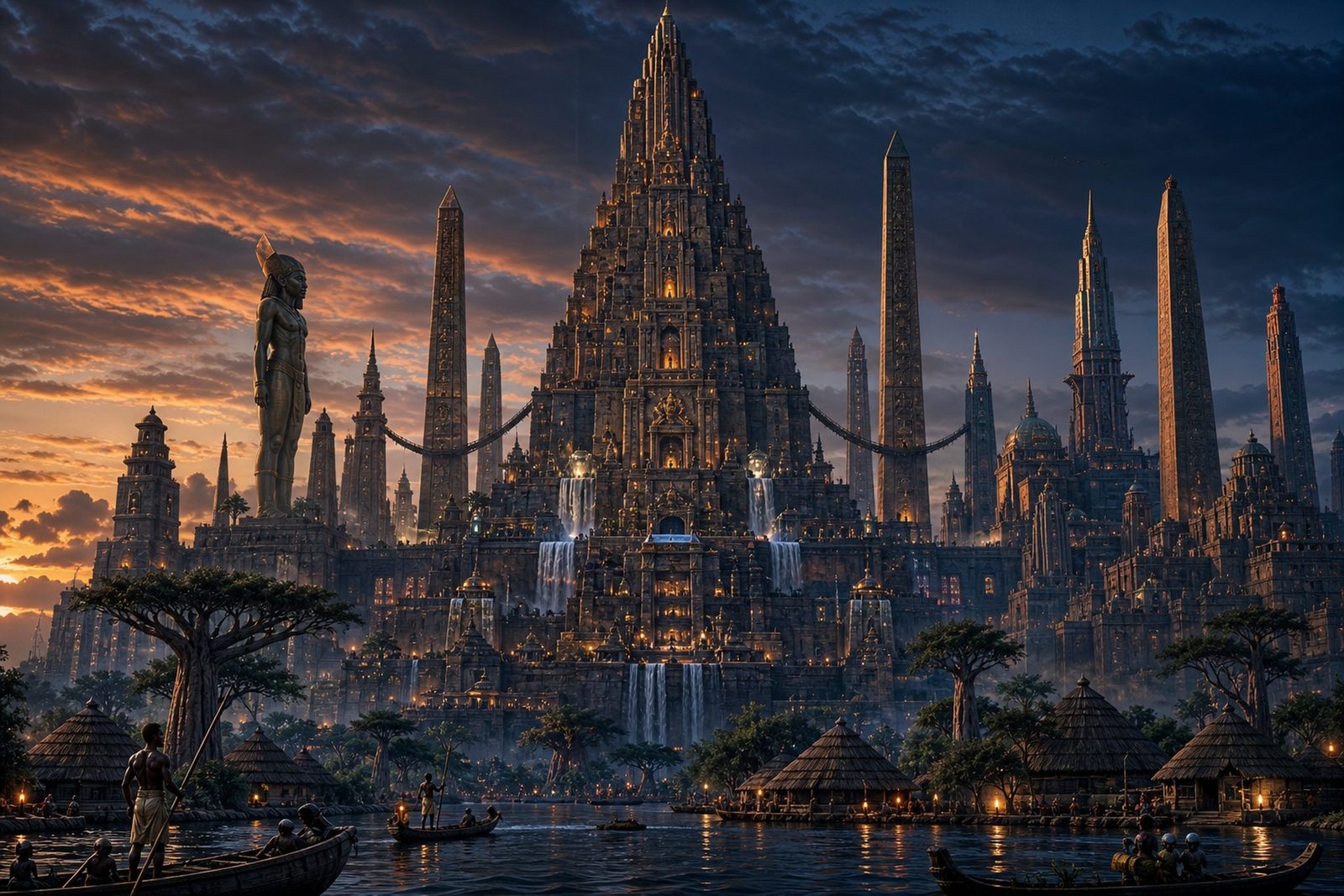 A colossal Nilepunk city rising above a small river village